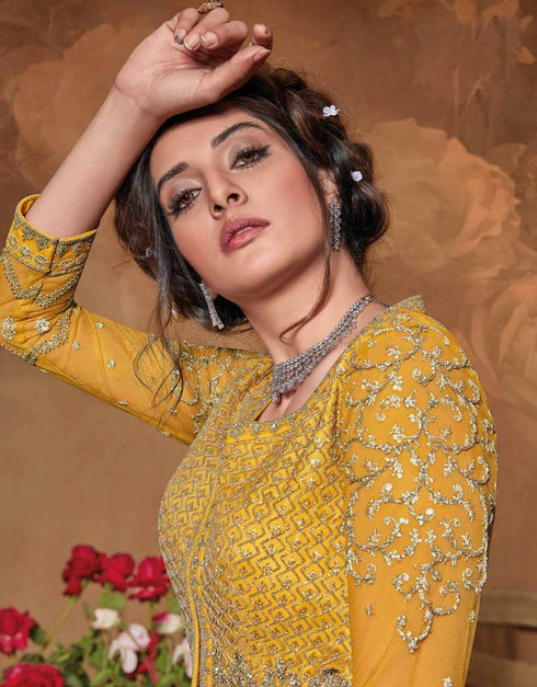 Butterfly Net Yellow Suit Suit Anarkali Bottom