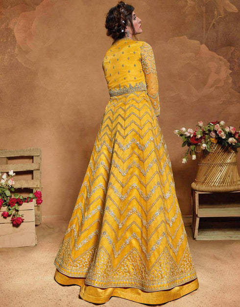 Butterfly Net Yellow Suit Suit Anarkali Bottom