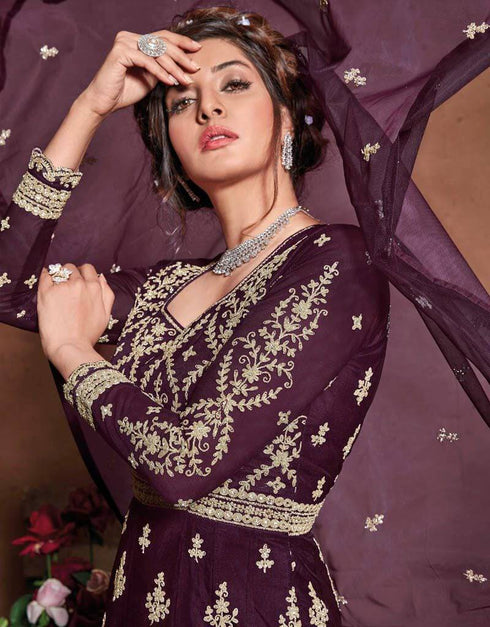 Butterfly Net Wine Suit Suit Anarkali Bottom
