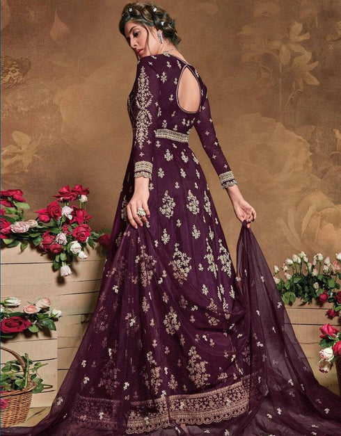Butterfly Net Wine Suit Suit Anarkali Bottom