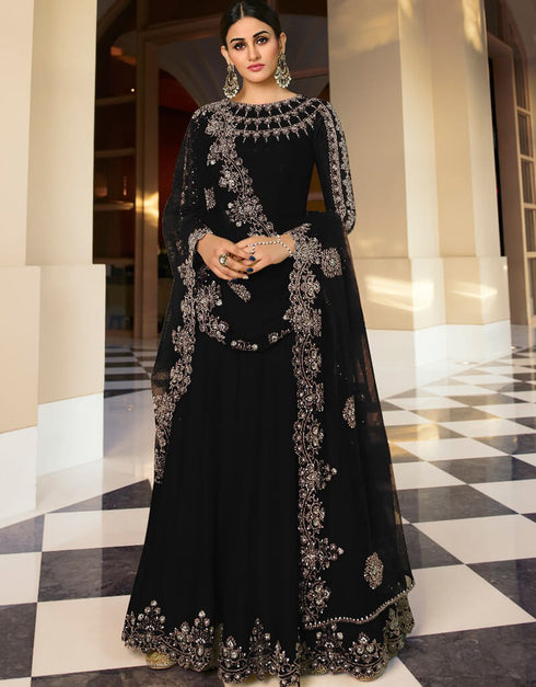 Black Pant style Suit Semi-Stitched Suits Salwar Kameez in Embroidery, Stone & Lace Work