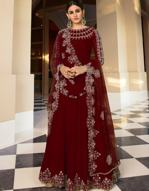 Red Pant style Suit Semi-Stitched Suits Salwar Kameez in Embroidery, Stone & Lace Work