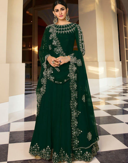 Green Pant style Suit Semi-Stitched Suits Salwar Kameez in Embroidery, Stone & Lace Work