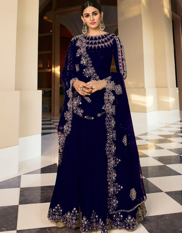 Blue Pant style Suit Semi-Stitched Suits Salwar Kameez in Embroidery, Stone & Lace Work
