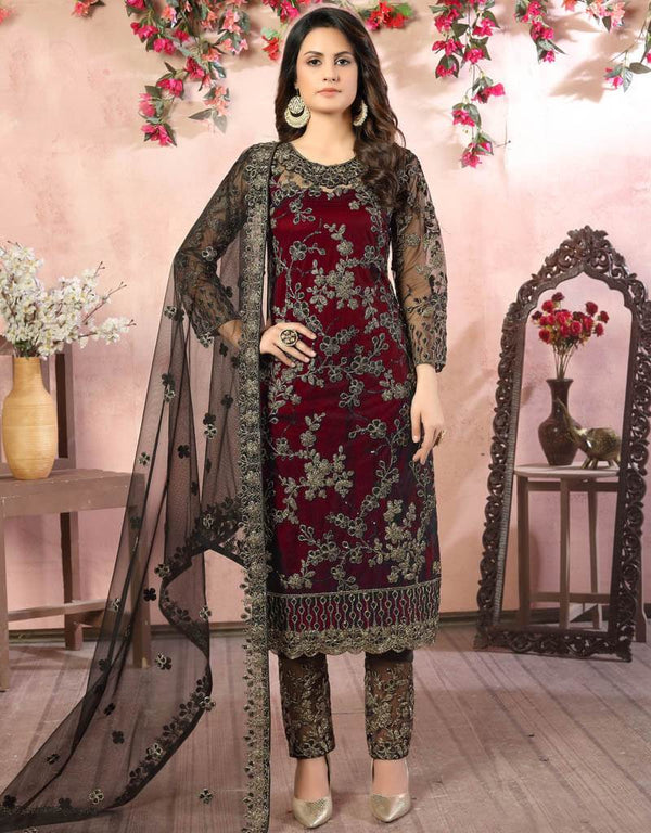 Maroon Net Pant Pakistani Suit