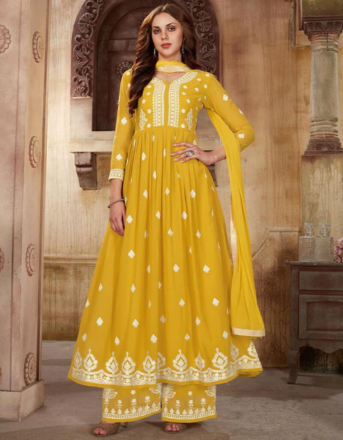 Yellow Palazzo style Suit Faux Georgette Salwar Kameez in Sequins Embroidery & Lace Work