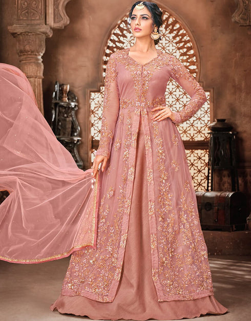 Rose Pink Lehenga style Salwar Kameez Net Salwar Kameez in Embroidered, Beeds & Lace Work