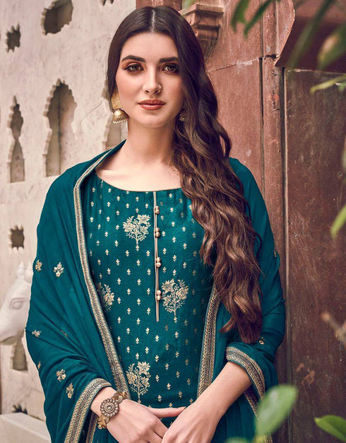 Teal Blue Pure Dola Jacquard Palazzo Dress