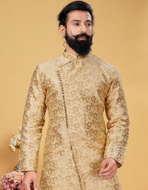 Beige Kurta Jacquard Silk Dhoti Closure View