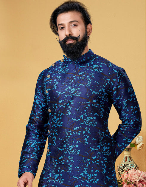 Blue Kurta Heavy Silk Dhoti Closure View