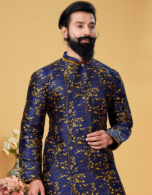 Blue Kurta Heavy Silk Dhoti Closure View