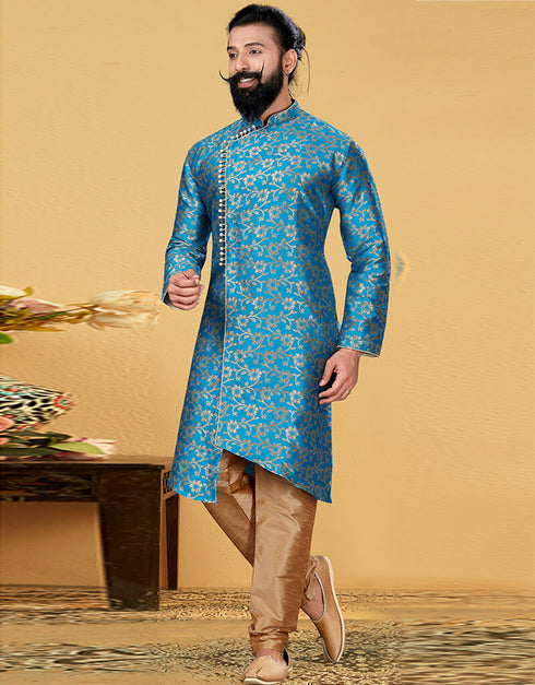 Sky Blue Kurta Jacquard Silk Chudidaar Closure View