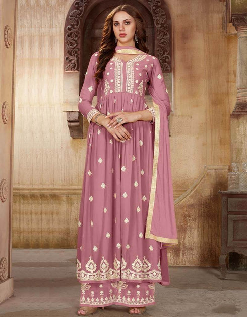 Lavender Palazzo style Suit Faux Georgette Salwar Kameez in Sequins Embroidery & Lace Work Closure View