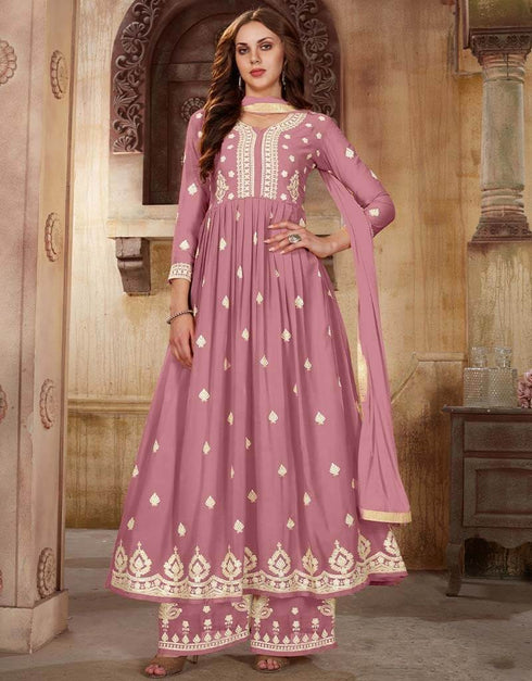 Lavender Palazzo style Suit Faux Georgette Salwar Kameez in Sequins Embroidery & Lace Work