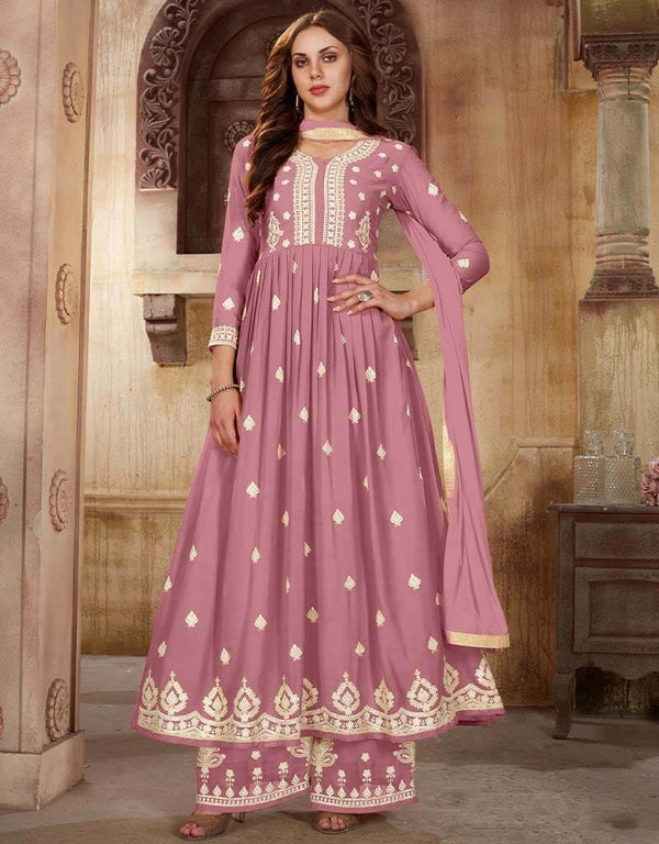 Lavender Palazzo style Suit Faux Georgette Salwar Kameez in Sequins Embroidery & Lace Work