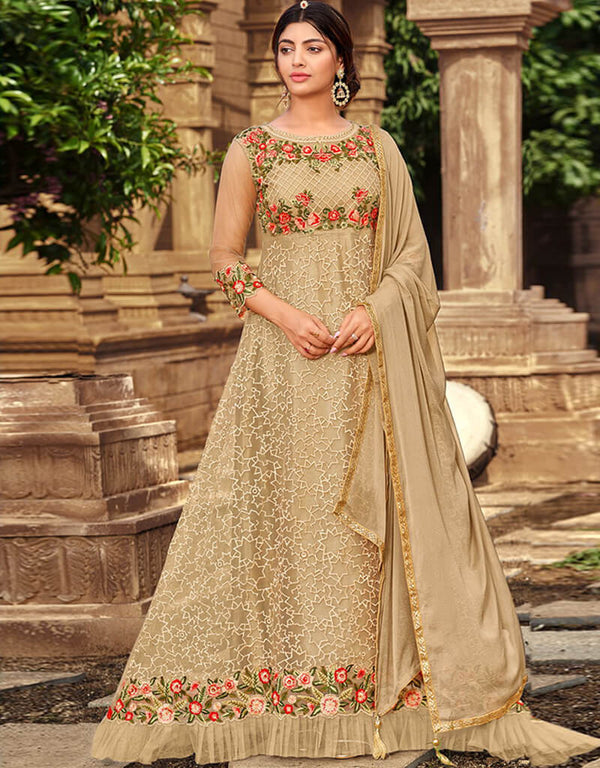 Beige Pant style Salwar Kameez Butterfly Net Salwar Kameez in Embroidered, Stone & Lace Work