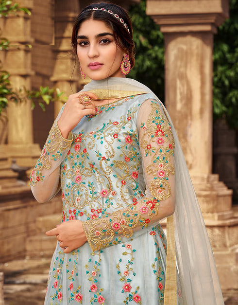 White Pant style Salwar Kameez Butterfly Net Salwar Kameez in Embroidered, Stone & Lace Work Closure View