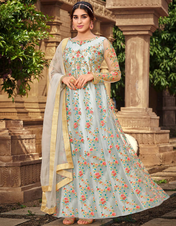 White Pant style Salwar Kameez Butterfly Net Salwar Kameez in Embroidered, Stone & Lace Work