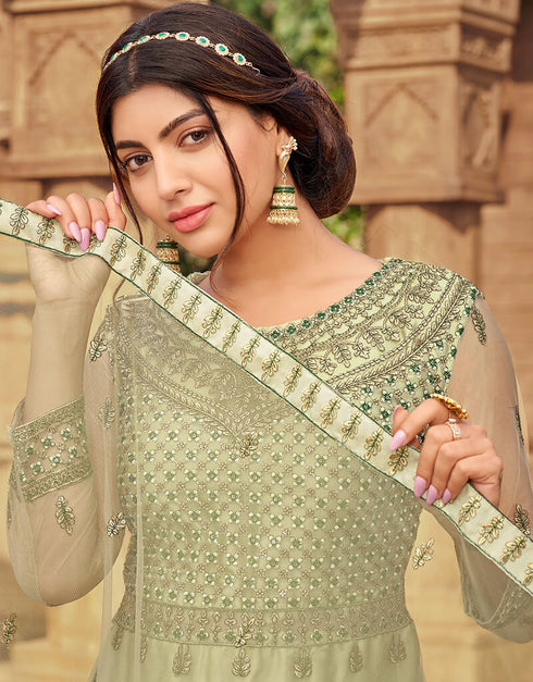 Green Pant style Salwar Kameez Butterfly Net Salwar Kameez in Embroidered, Stone & Lace Work Closure View