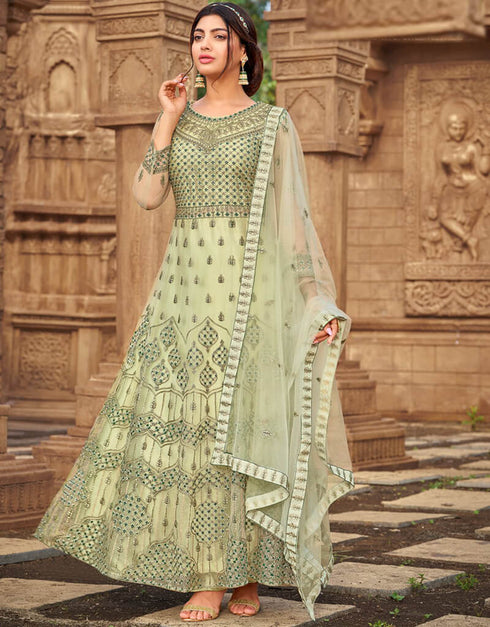 Green Pant style Salwar Kameez Butterfly Net Salwar Kameez in Embroidered, Stone & Lace Work