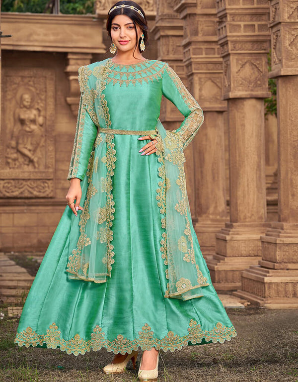 Green Pant style Salwar Kameez Super Silk Salwar Kameez in Embroidered, Stone & Lace Work