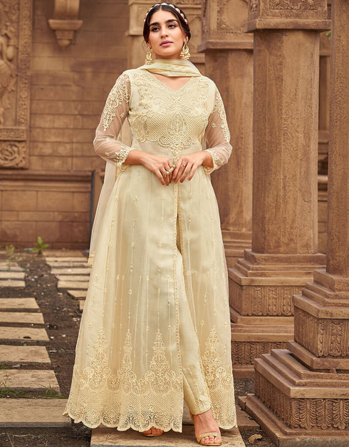 Beige Pant style Salwar Kameez Butterfly Net Salwar Kameez in Embroidered, Stone & Lace Work