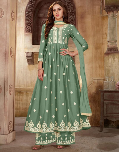 Light Green Palazzo style Suit Faux Georgette Salwar Kameez in Sequins Embroidery & Lace Work Closure View
