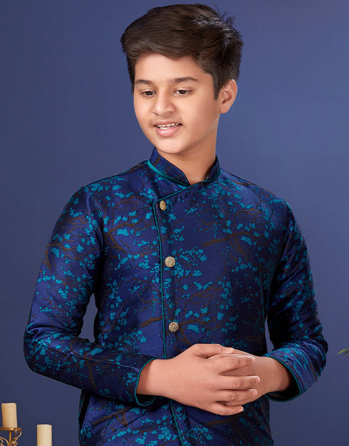Blue Kurta Pajama Jacquard Silk Closure View
