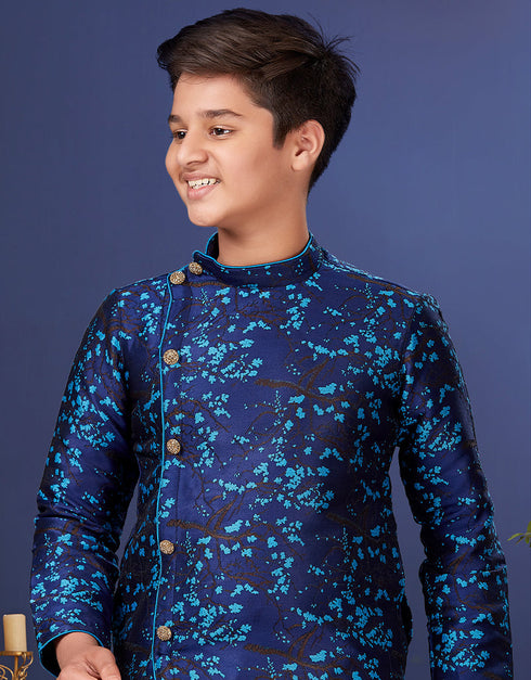 Blue Kurta Pajama Jacquard Silk Closure View