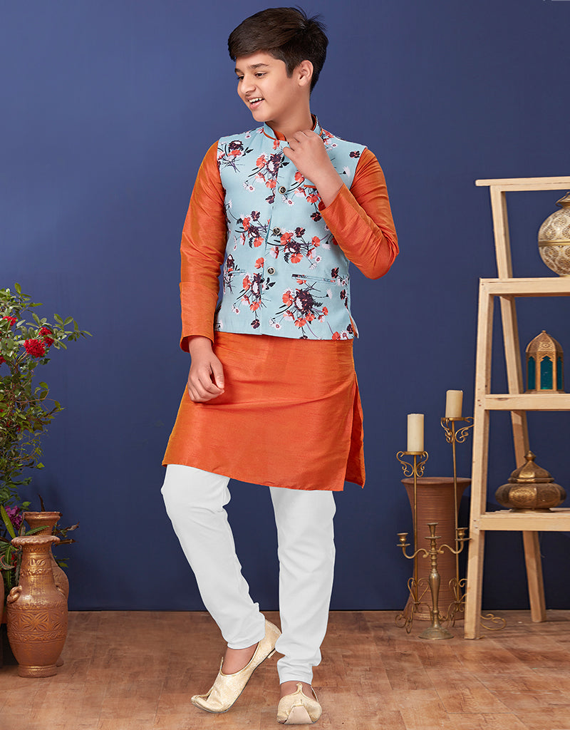 Orange Kurta Pajama Dhupion Silk Orange Printed
