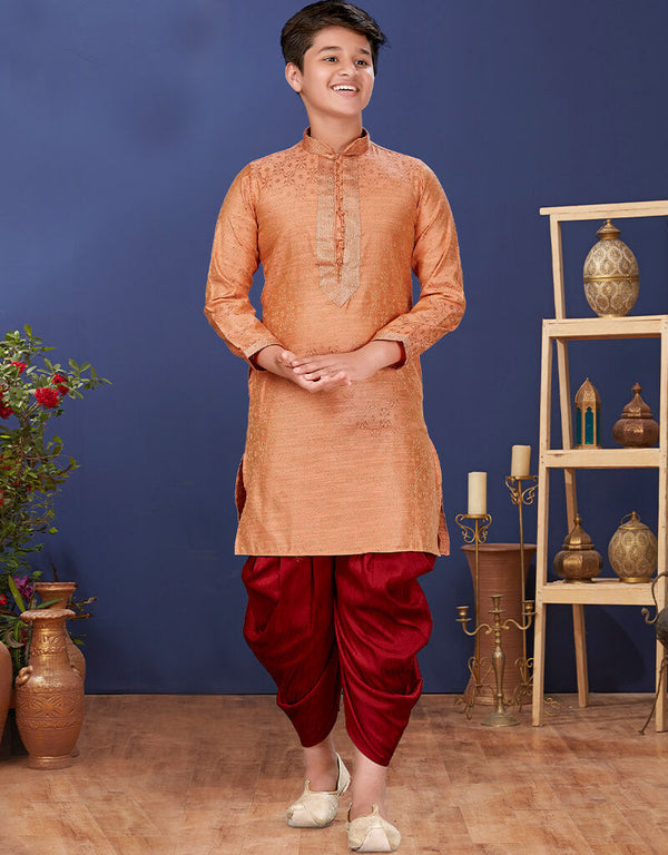 Orange Kurta Pajama Jacquard Silk