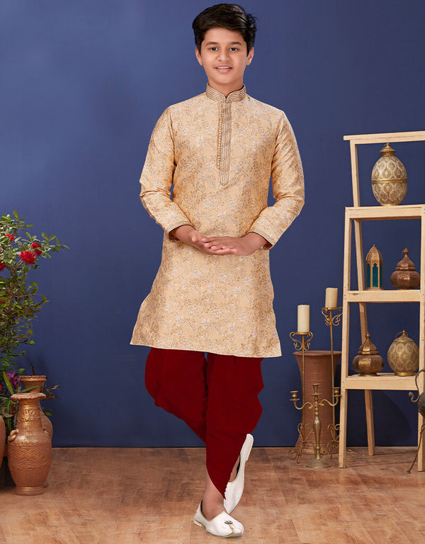 Cream Kurta Pajama Jacquard Silk