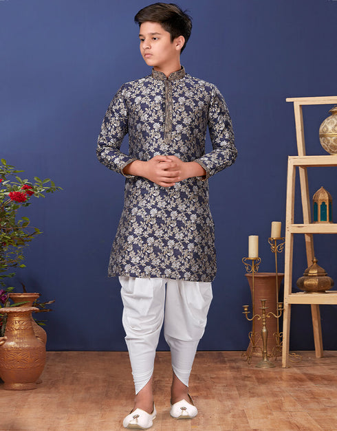 Navy Blue Kurta Pajama Jacquard Silk Closure View
