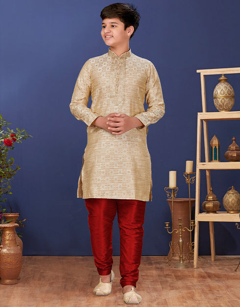 Beige Kurta Pajama Jacquard Silk Closure View