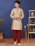 Beige Kurta Pajama Jacquard Silk Closure View