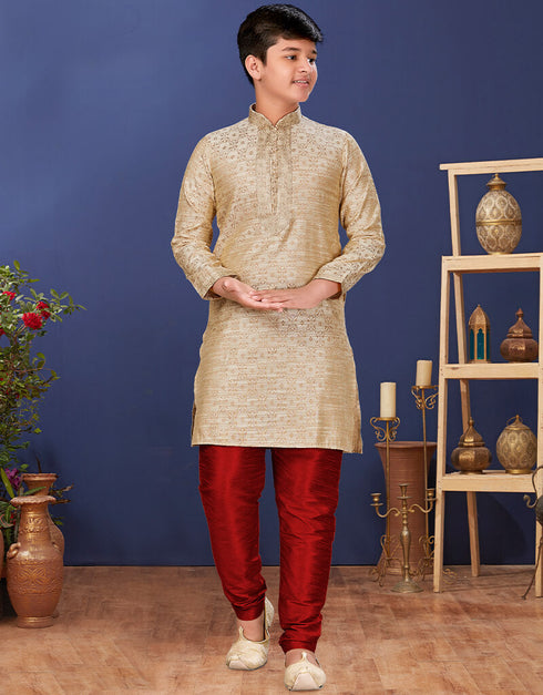 Beige Kurta Pajama Jacquard Silk