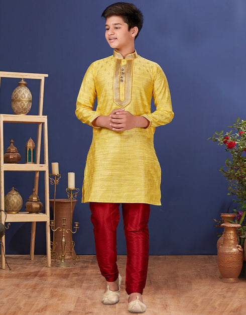 Yellow Kurta Pajama Jacquard Silk Closure View