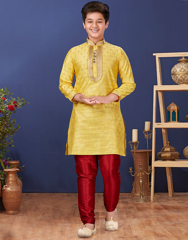 Yellow Kurta Pajama Jacquard Silk