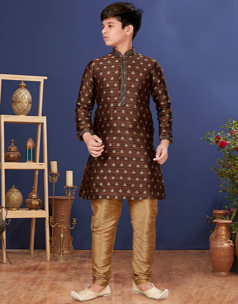 Coffee Kurta Pajama Jacquard Silk Closure View