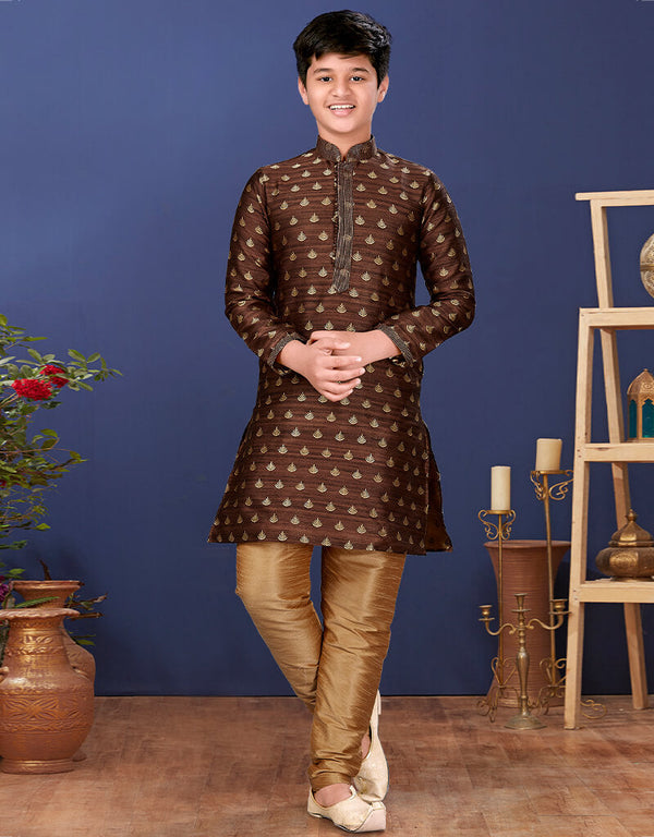 Coffee Kurta Pajama Jacquard Silk