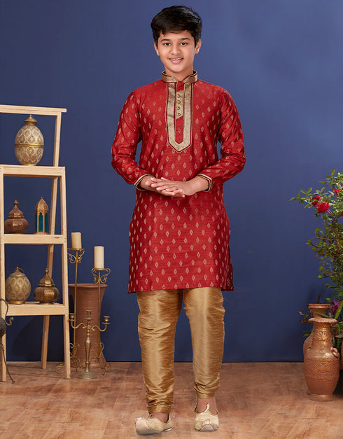 Red Kurta Pajama Jacquard Silk