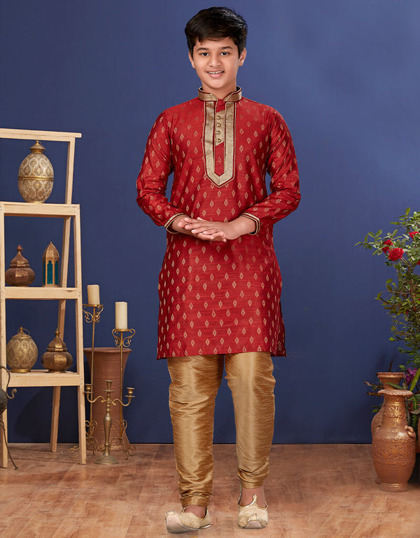 Red Kurta Pajama Jacquard Silk