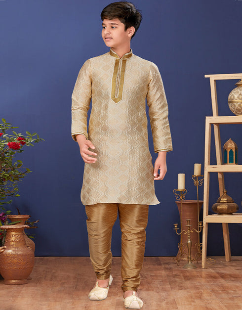 Cream Kurta Pajama Jacquard Silk Closure View