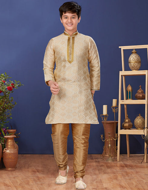 Cream Kurta Pajama Jacquard Silk