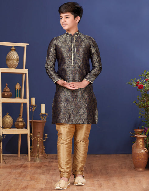 Navy Blue Kurta Pajama Jacquard Silk Closure View