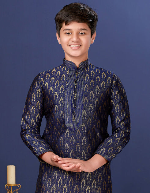 Blue Kurta Pajama Jacquard Silk Closure View