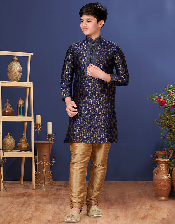 Blue Kurta Pajama Jacquard Silk