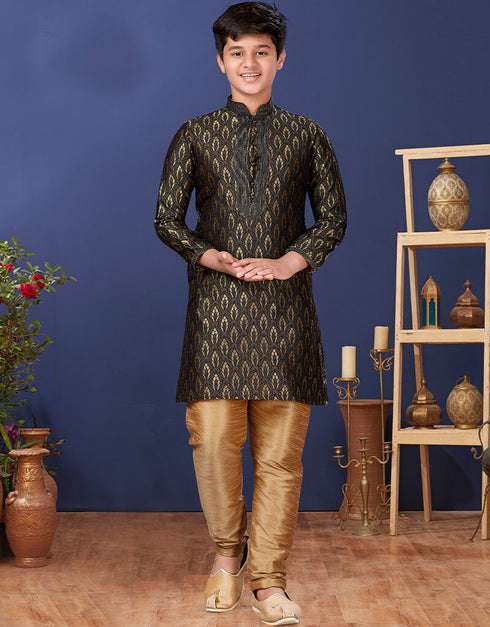 Black Kurta Pajama Jacquard Silk