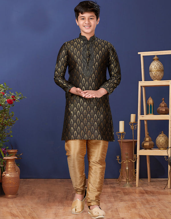 Black Kurta Pajama Jacquard Silk