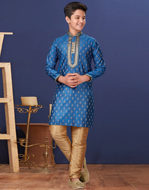 Blue Kurta Pajama Jacquard Silk Closure View